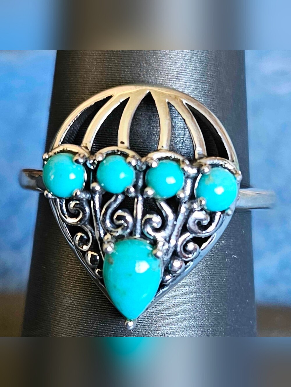 Pear & Round Kingman Turquoise Ring in Sterling Silver